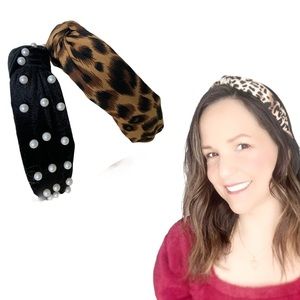 Knotted Headbands Leopard Print and Pearl Pair